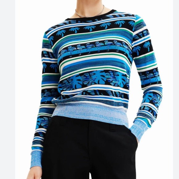 Desigual Tropical Border Flamingo Floridian Blue Black Knit Sweater Size Medium